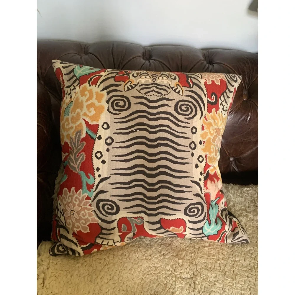 Tibetan Tiger Tapestry Throw Pillow Red Floral Woven Accent Decor 22x22